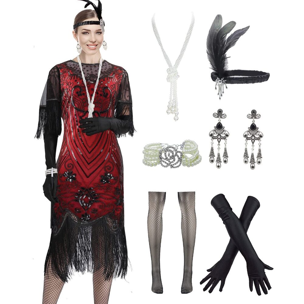 3949 1920s Art Deco Fringed Sequin Dress 20s Flapper Gatsby Costume Dress